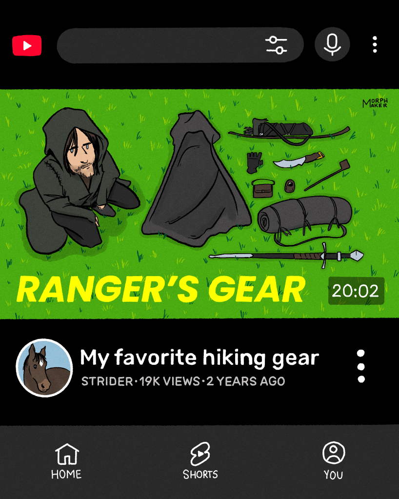 An illustration of YouTube’s mobile interface. The YouTube thumbnail shows Strider looking up into the camera while crouched down near all of his gear. The video is 20 minutes and 2 seconds long, and text on the thumbnail says, “Ranger’s Gear.” The title of the video is, “My favorite hiking gear.” Strider’s YouTube icon is Brego the horse, the video has 19,000 views and it was posted 2 years ago.