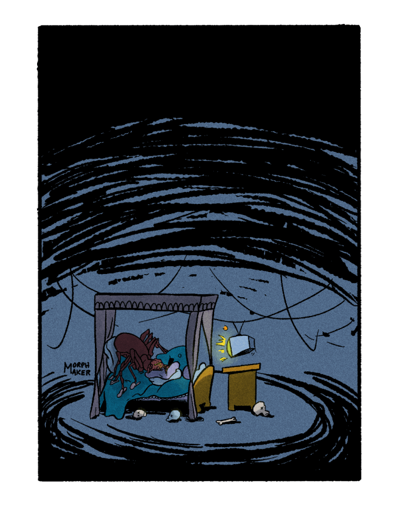 Panel 2: Shelob chills in her lair waiting for her food delivery. She’s watching TV.