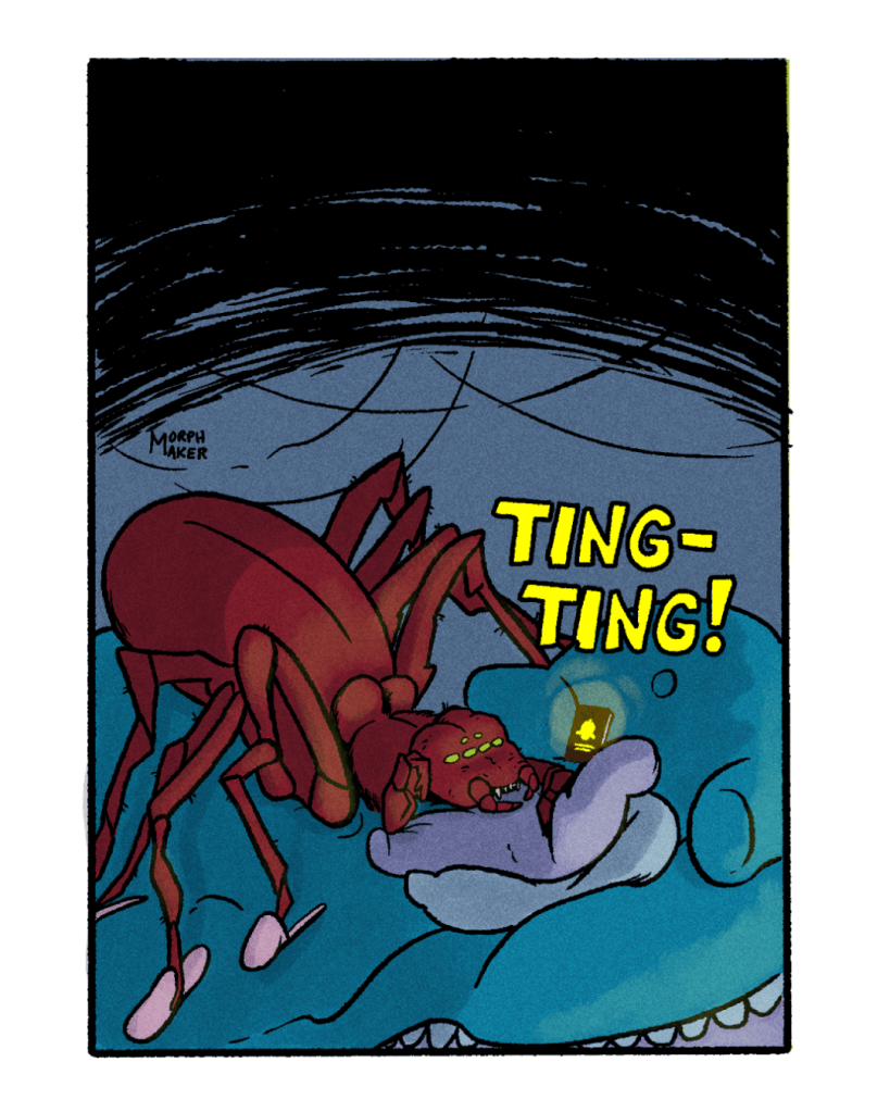 Panel 3: Shelob gets an alert on her phone. The phone makes a sound: ting-ting!