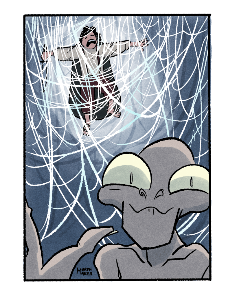 Panel 5: The image showing confirmation that Shelob’s food delivery was dropped off in her lair. Gollum is smiling in the foreground. In the background, Frodo is trapped in Shelob’s webbing. 
